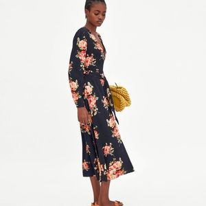 Zara floral print midi wrap dress in navy medium